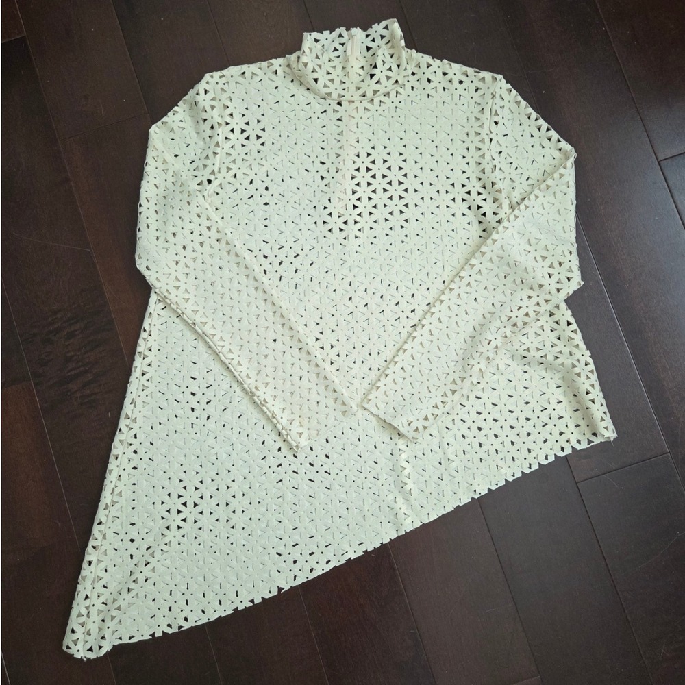 Grayse Laser Cut Asymmetrical Mock Neck Long Sleeve‎ Yellow Tunic Sz L Vintage